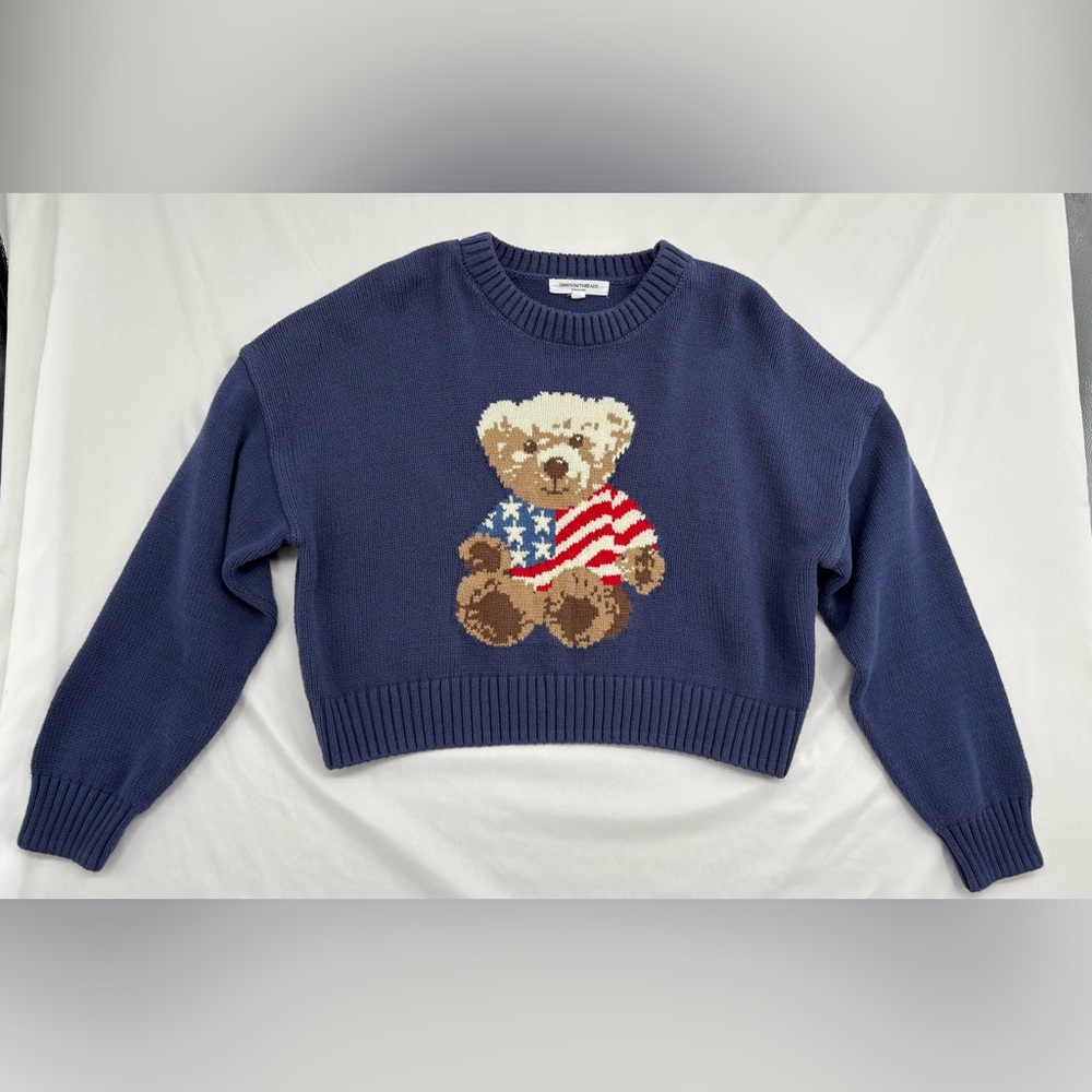 Grayson Threads Women's Teddy Bear Flag Sweater Size Large Blue Cropped Oversize